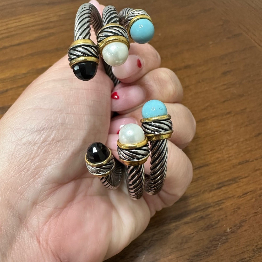 Silver and Gold Cable Bracelets with Elegant Design, Pearl, Turquoise and Black